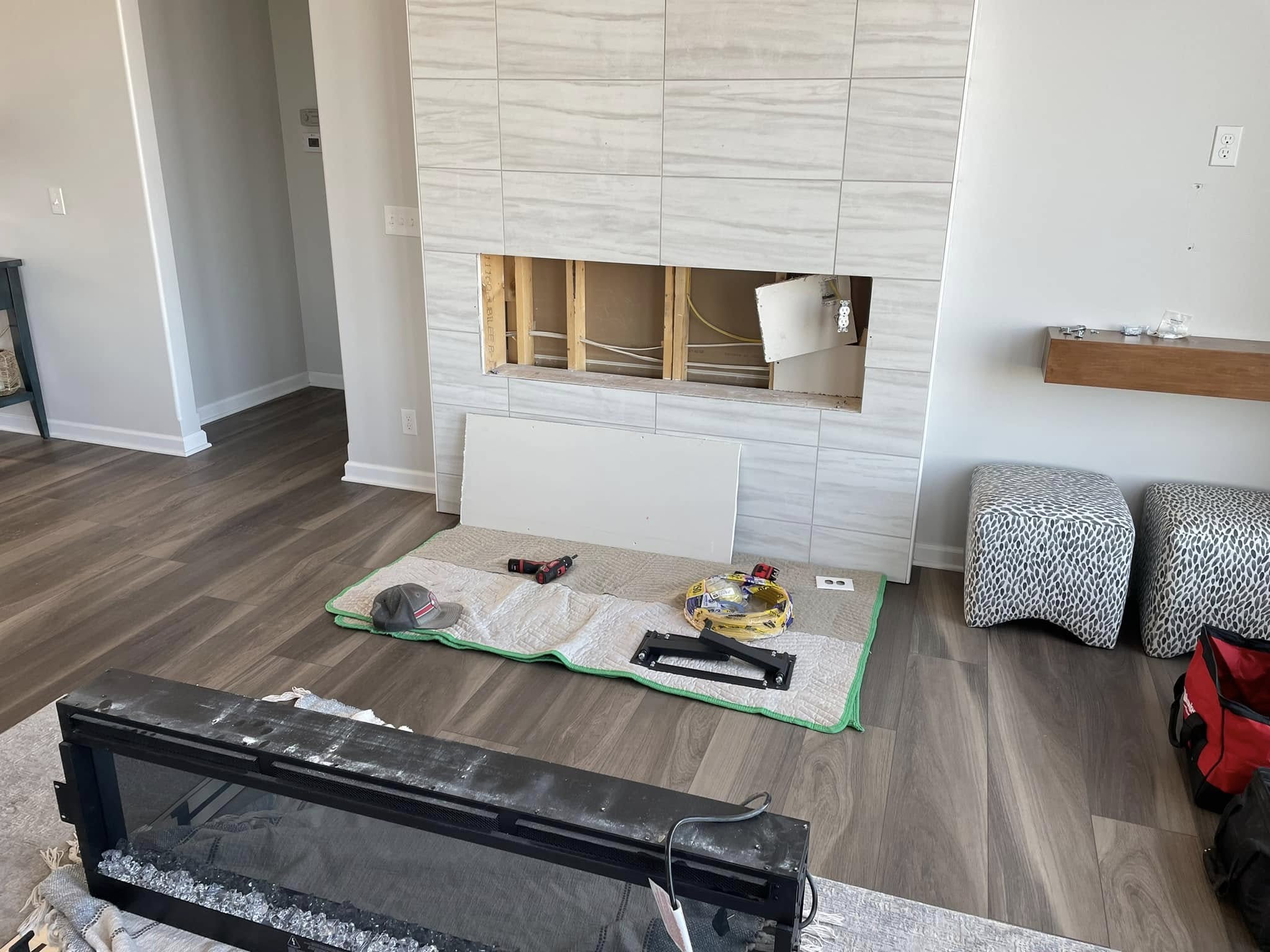 Before: fireplace surround mid-installation